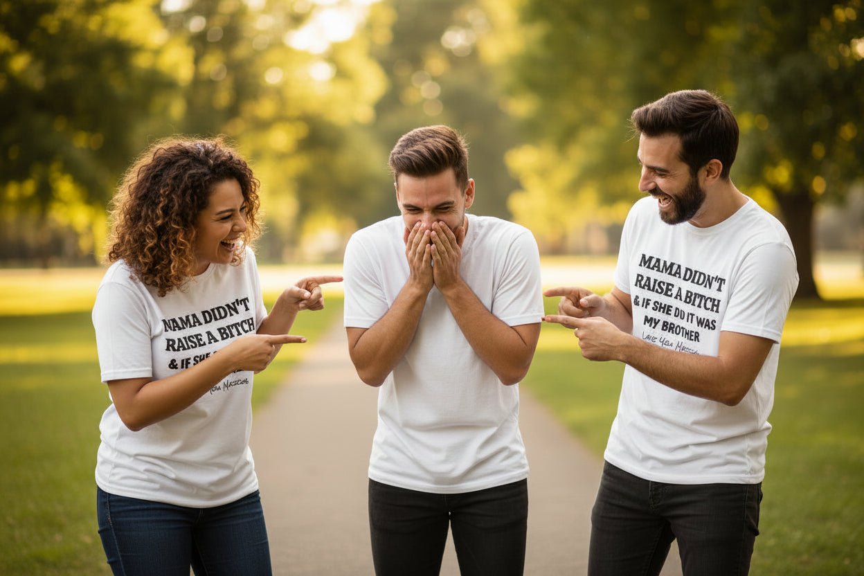 a brother and sister are wearing white t-shirts with black text that says mama didn't raise a bitch & if she did it was my brother, love you marcus, while they are with marcus and they all are laughing