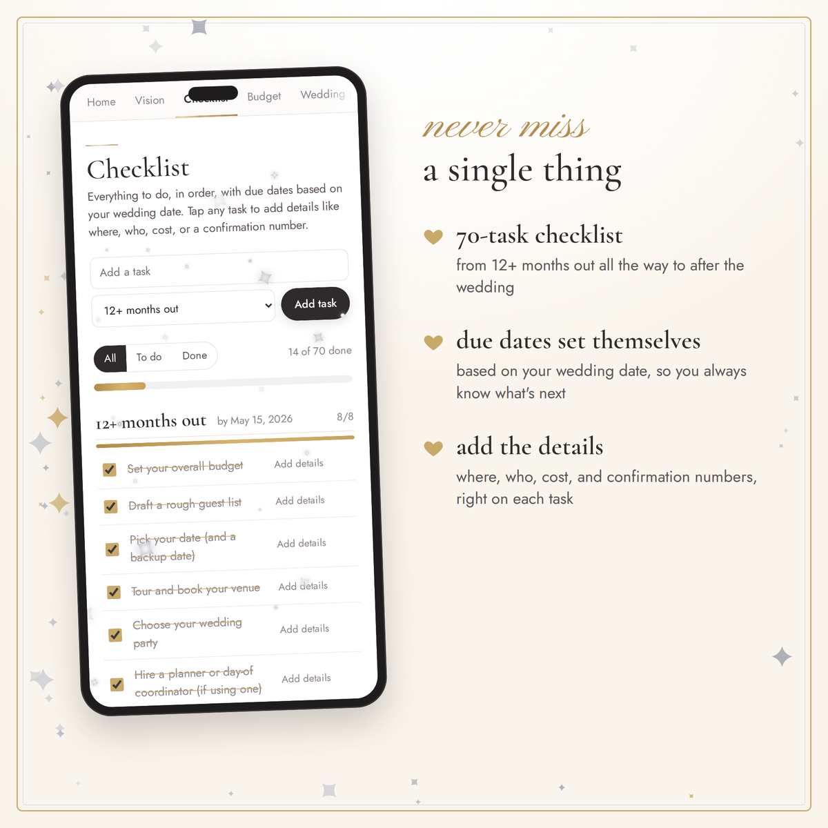 A digital product mockup showing a mobile app checklist interface on a smartphone screen, alongside marketing text that reads 'never miss a single thing' and feature callouts on a light cream background with subtle gold star accents.