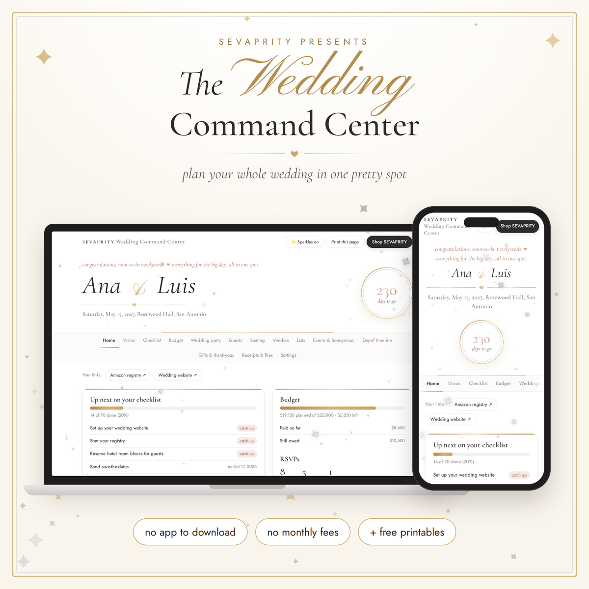 Promotional graphic for 'The Wedding Command Center' by Sevaprity, showing a website interface displayed on a desktop monitor and a smartphone against a cream background with elegant gold typography and decorative stars.