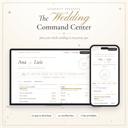 Promotional graphic for 'The Wedding Command Center' by Sevaprity, showing a website interface displayed on a desktop monitor and a smartphone against a cream background with elegant gold typography and decorative stars.