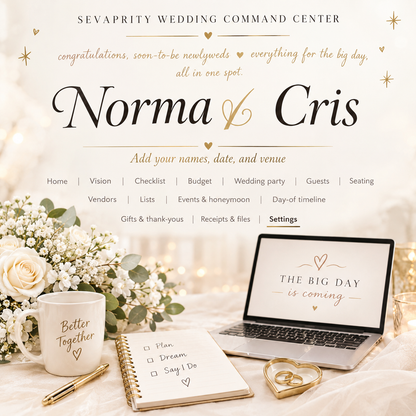 A styled wedding stationery and digital planning setup on a warm cream background. Visible items include a laptop displaying 'THE BIG DAY is coming,' a white mug that says 'Better Together' with a heart, a notebook with a checklist, gold rings, and white flowers.