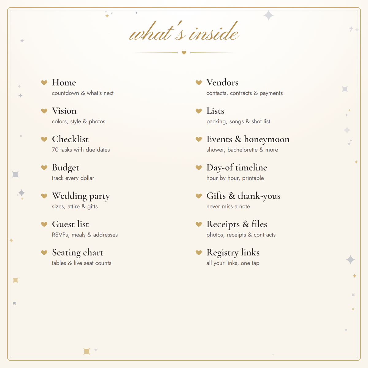 A beige 'what's inside' page with gold decorative script and border, listing sections such as Home, Vision, Budget, Wedding party, Guest list, Seating chart, Vendors, Lists, Events & honeymoon, Day of timeline, Gifts & thank-you, Receipts & files, and Registry links.