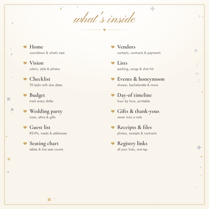 A beige 'what's inside' page with gold decorative script and border, listing sections such as Home, Vision, Budget, Wedding party, Guest list, Seating chart, Vendors, Lists, Events & honeymoon, Day of timeline, Gifts & thank-you, Receipts & files, and Registry links.